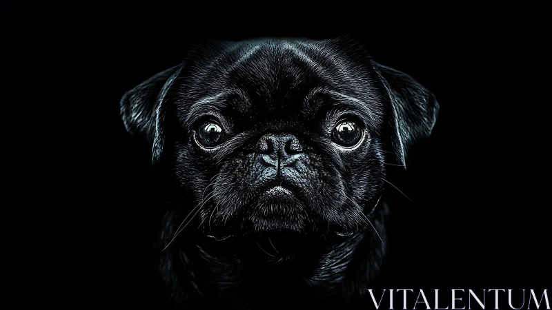 Midnight pug portrait glows with soulful, shining eyes