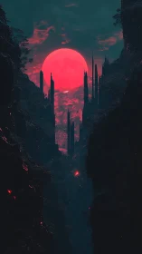 Crimson alien moon rises beyond jagged monolithic spires