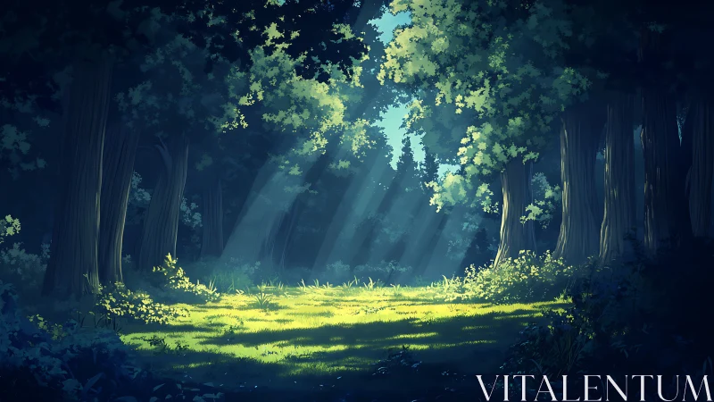 Luminous Forest Cathedral: Ancient Trees Frame Golden Sunlit Clearing.