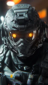 Armored sci fi soldier helmet with glowing orange visor.