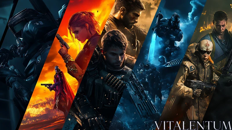 Futuristic soldiers and operatives in segmented battle scenes.