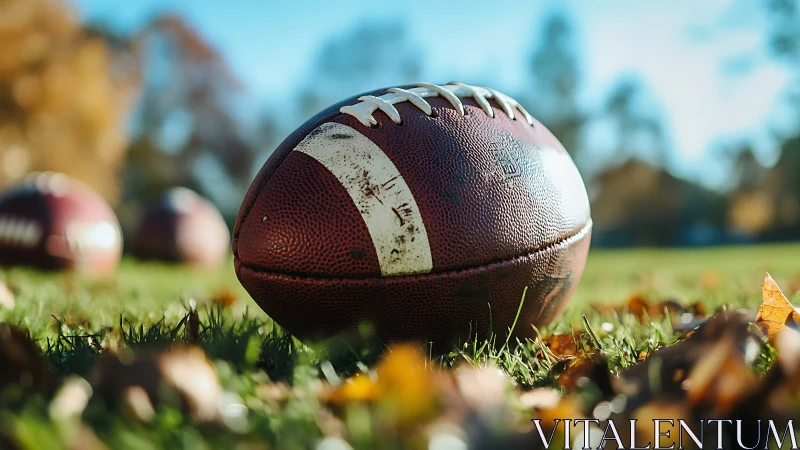 Warm autumn football waits on a sunlit field for play