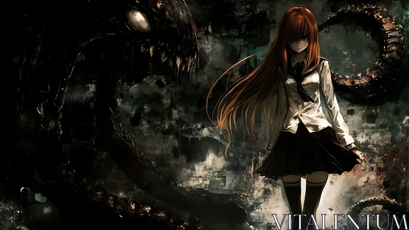 Solitary student beside large serpentine creature in ruins.