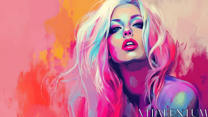 Vibrant neon portrait of woman in expressive brush strokes.