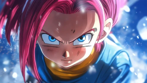 Pink-haired battle prodigy charges through frozen starlight.