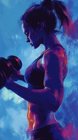 Side-lit athlete curls dumbbell in high-contrast neon palette