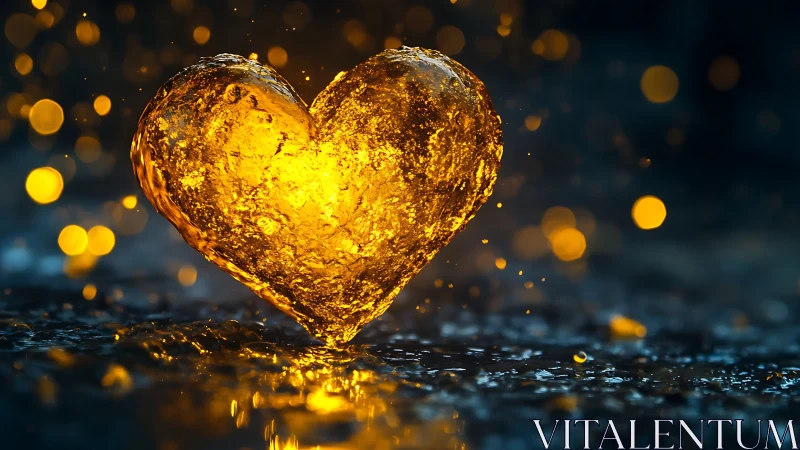 Golden Heart Water Sculpture with Luminous Bokeh.