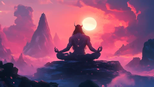 Cosmic horned sage meditating beneath a molten sunset.