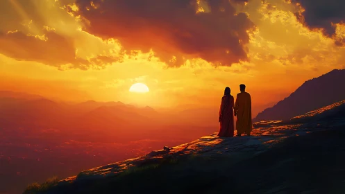 Monks in saffron robes observe radiant mountain sunset panorama.