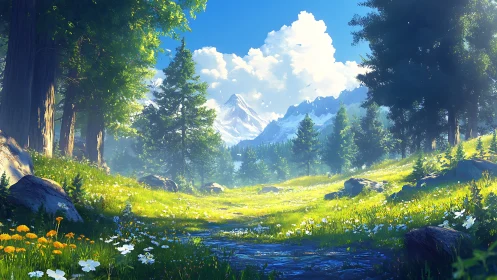 Verdant alpine meadow opening toward distant snowy peaks.