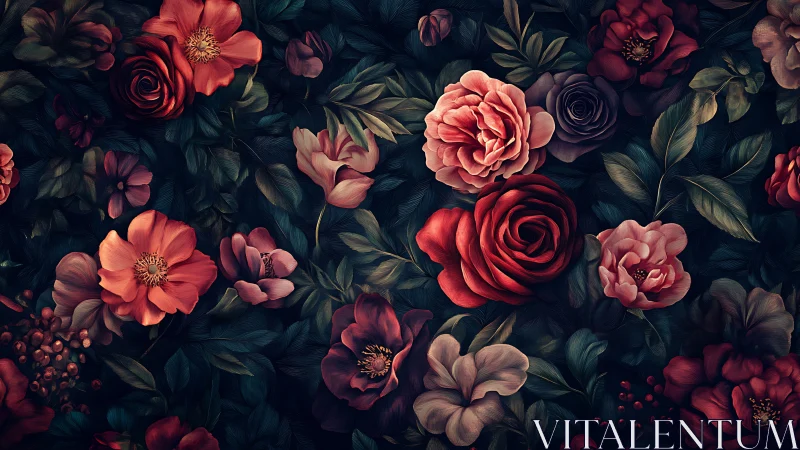 Floral Arrangement with Deep Tones. Botanical Digital Study.