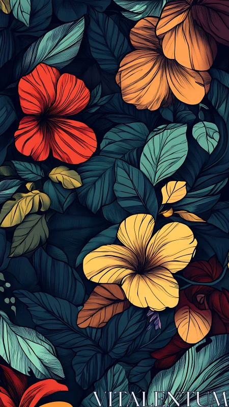 Vibrant Floral Vector Composition with Dimensional Petals and Deep Foliage.