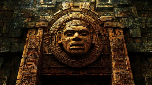 Monumental stone face relief dominates ancient temple wall