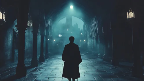 Solitary figure stands in a fog-filled gothic stone corridor