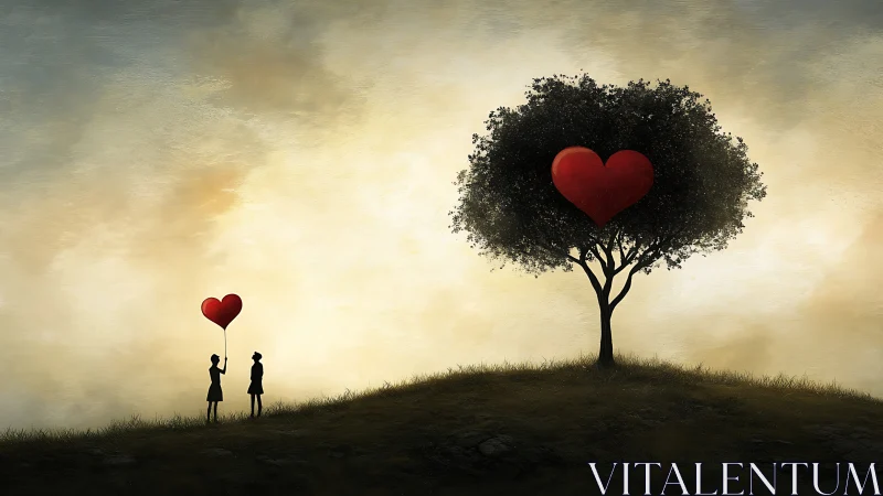 Silhouetted Figures with Heart Symbols Beneath Tree