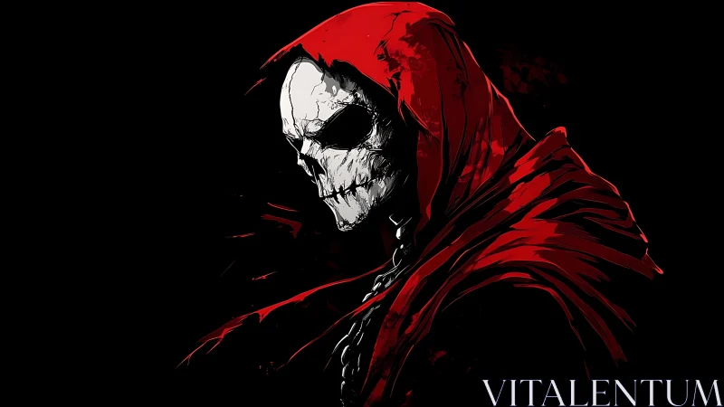 Scarlet hooded reaper brooding in stylized crimson shadows.