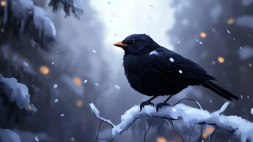 Black Robin Perched on Snowy Branch in Winter Twilight.