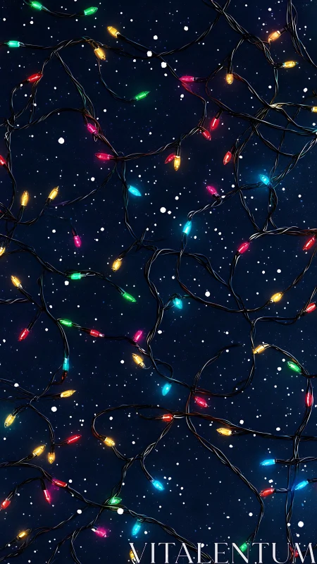 Multicolored string lights on dark blue starry background.