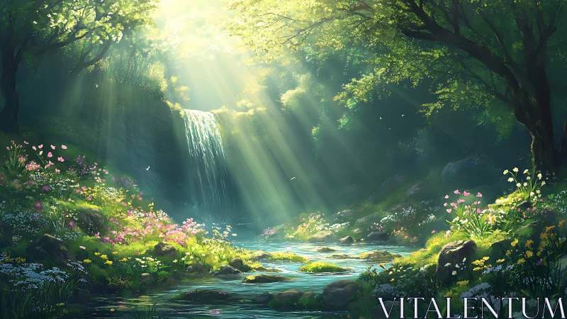 Sunlit forest waterfall over wildflower river glen.