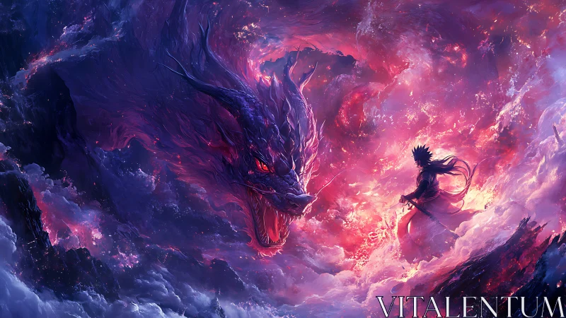 Sword-wielding figure confronting dragon in swirling clouds.