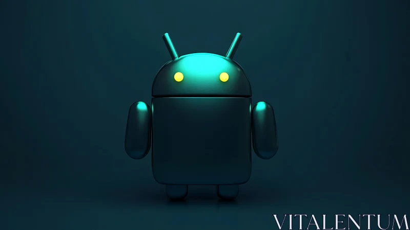 Glow-eyed teal robot mascot in a cozy dark studio.