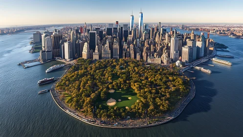 Aerial Orthographic Composition of Manhattan's Battery Park Peninsula with Surrounding Waterway Infr