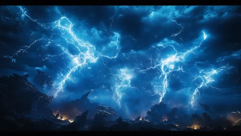 Storm-torn alien skyline under blinding electric fury.