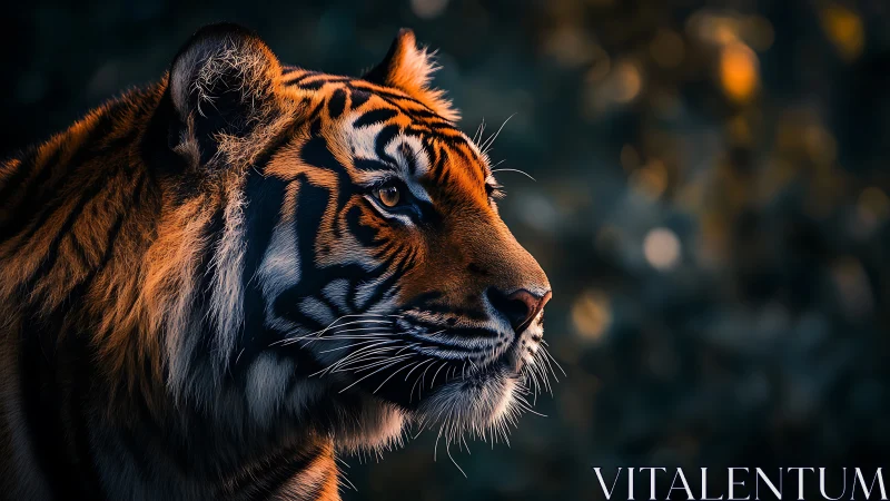 Tiger portrait under warm rim light in dark forest dusk.