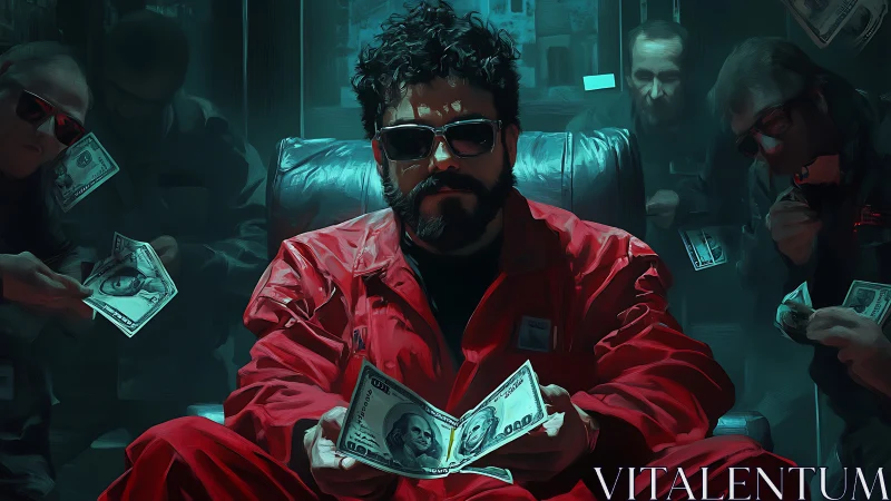 Man in red jumpsuit handling cash in dim interior setting.