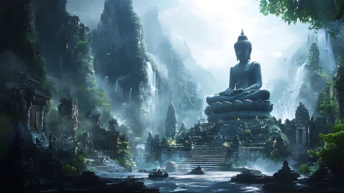 Colossal mountain Buddha overlooks misted waterfall temple