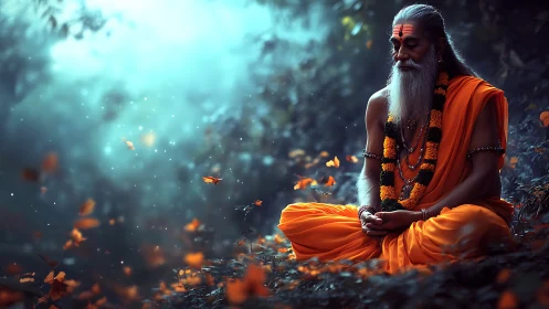 Meditating sage in glowing forest sanctuary at dawn.