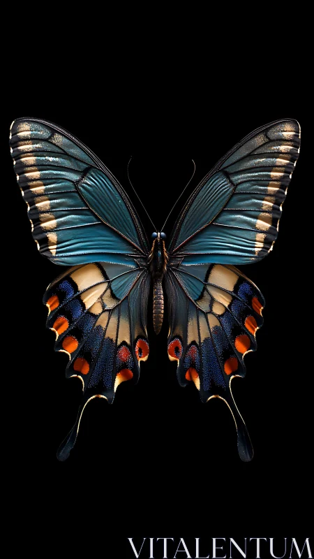 Symmetric macro capture of blue swallowtail butterfly wing morphology