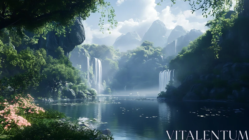 Lush green valley lake with tall waterfalls and misty light.