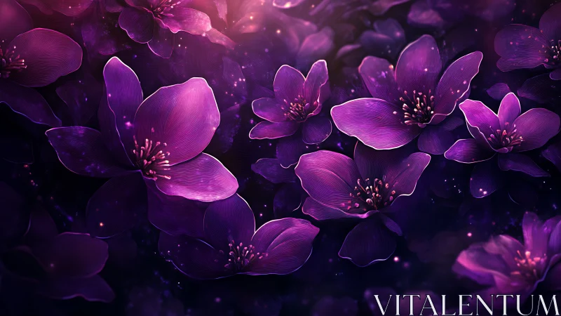 Glowing Purple Flowers Bloom in Ethereal Digital Darkness