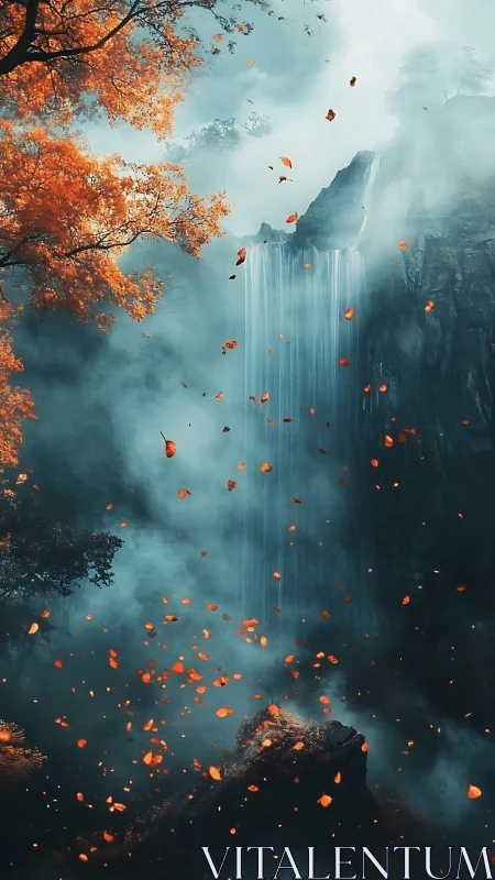 Mystic waterfall veiled in mist with drifting ember leaves.