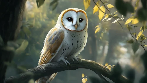 Realistic barn owl perched on branch in dreamy forest scene.