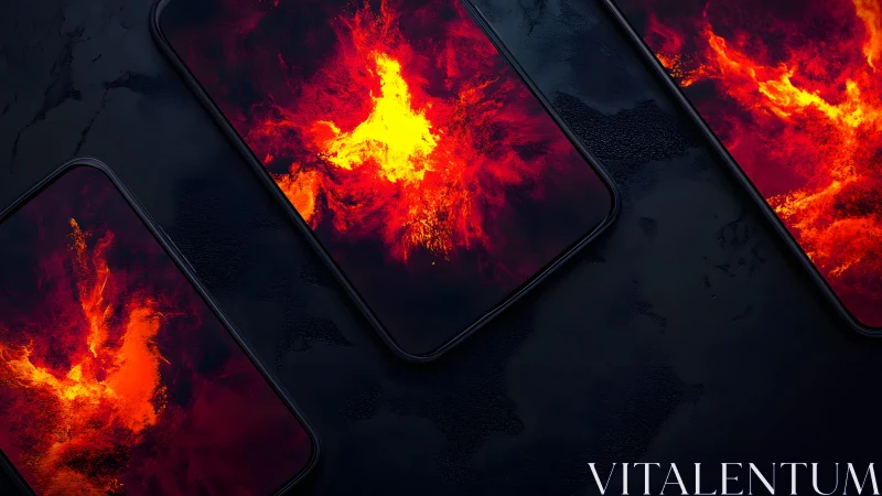 Modern smartphones with fiery abstract wallpaper on dark background.