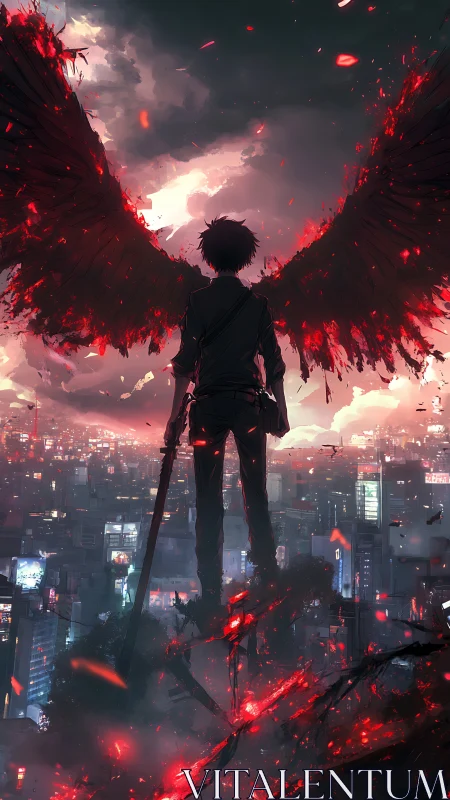 Winged dusk sentinel ignites a city of restless embers.