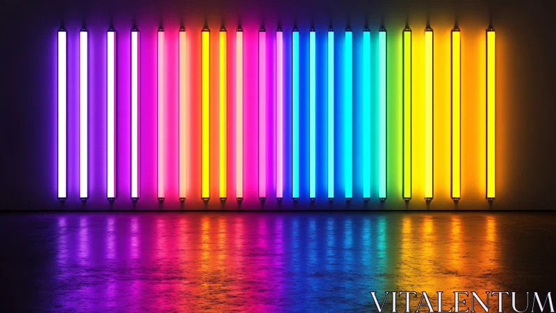 Vertical neon light tubes form full-spectrum wall installation