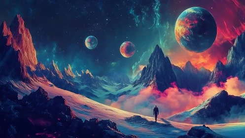 Cosmic wanderer crossing neon mountains under alien skies.