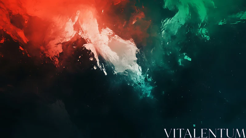 Nebulous red and teal cosmic clouds merge over dark void