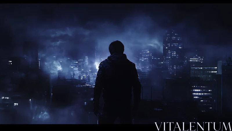 Nocturnal urban sentinel surveying neon fog cityscape.