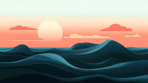 Minimalist ocean waves roll beneath a soft pastel sunset.