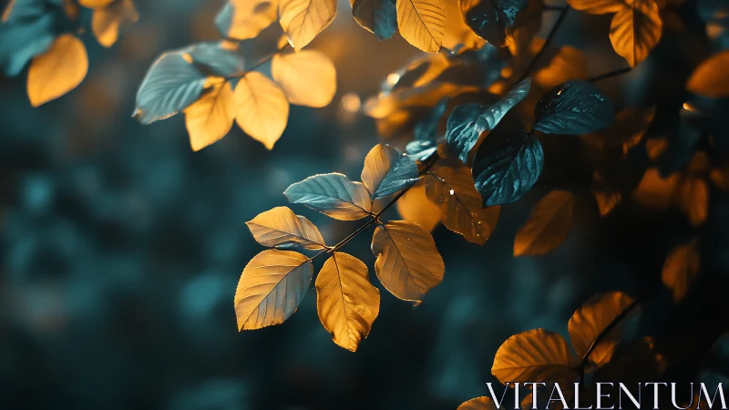 Golden and teal foliage glows in dreamy forest light.