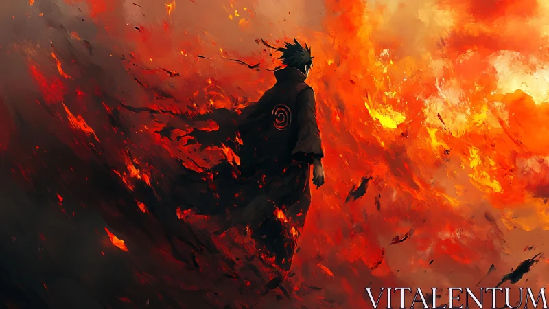 Lone cloaked warrior walks calmly through swirling firestorm