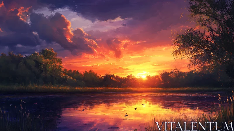 Sunset over tree line and reflective river surface scene.