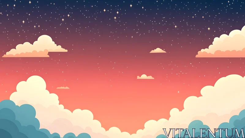 Stylized sunset sky shows layered clouds and scattered stars