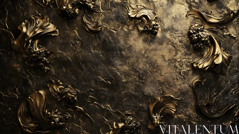 Baroque metallic swirls on dark textured abstract surface.