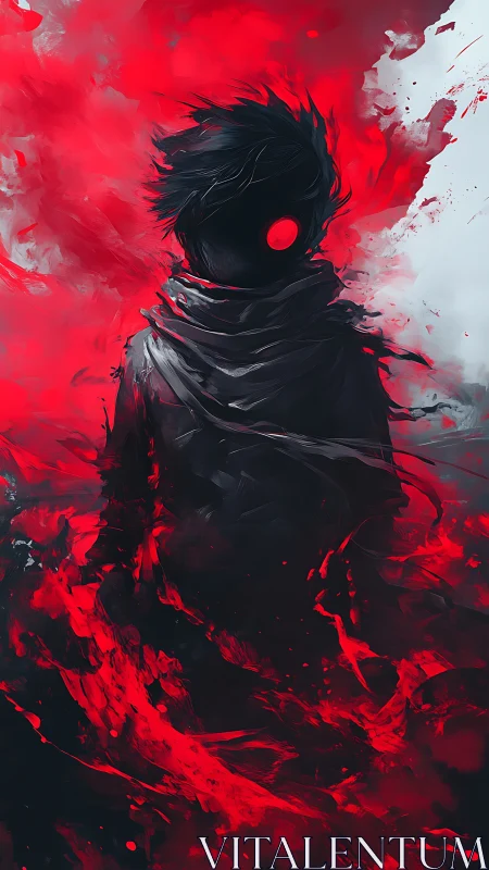 Crimson shadows swirl around a lone cloaked wanderer