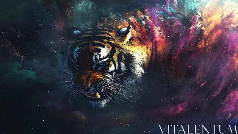 Cosmic tiger head emerges through prismatic nebula clouds.